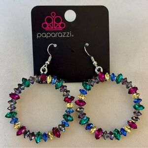 Paparazzi Hoop Earrings Multicolor Jeweltone Gems silver tone large evening